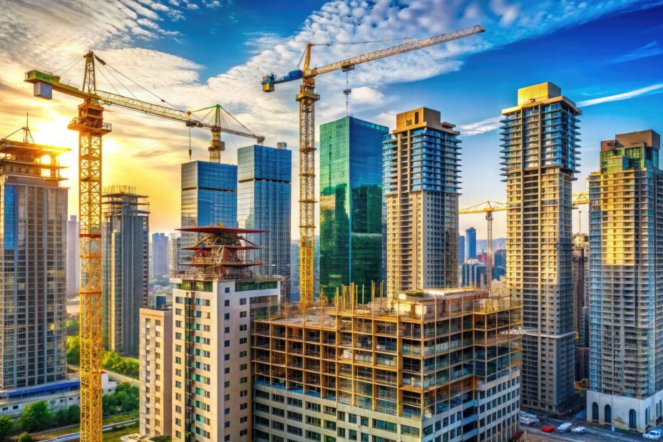 A vibrant cityscape at sunset featuring high-rise buildings under construction with multiple cranes in action. The image showcases modern architecture and urban development, symbolizing the construction industry's dynamic nature and opportunities for growth.